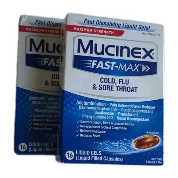 (2) Mucinex Fast-Max Cold Flu & Sore Throat. 32 Total Liquid Gels. Exp: 03/26 - Picture 1 of 8